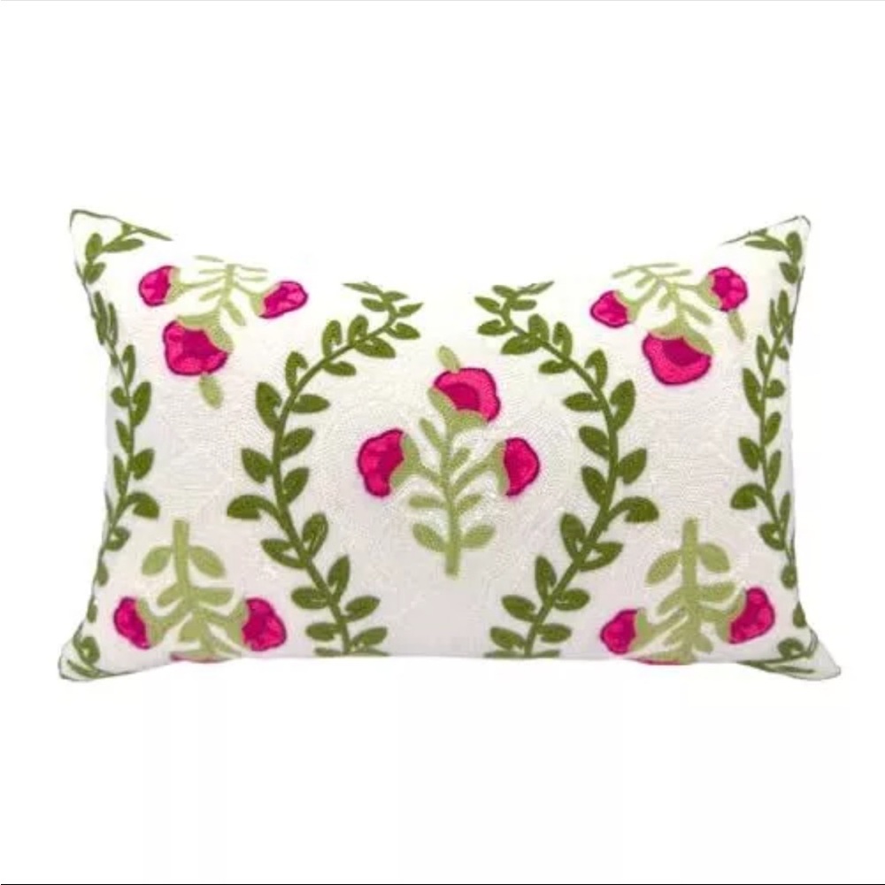 Flower Embroidered Summer Decorative Lumbar Pillow cover 12" x 20" Pink
